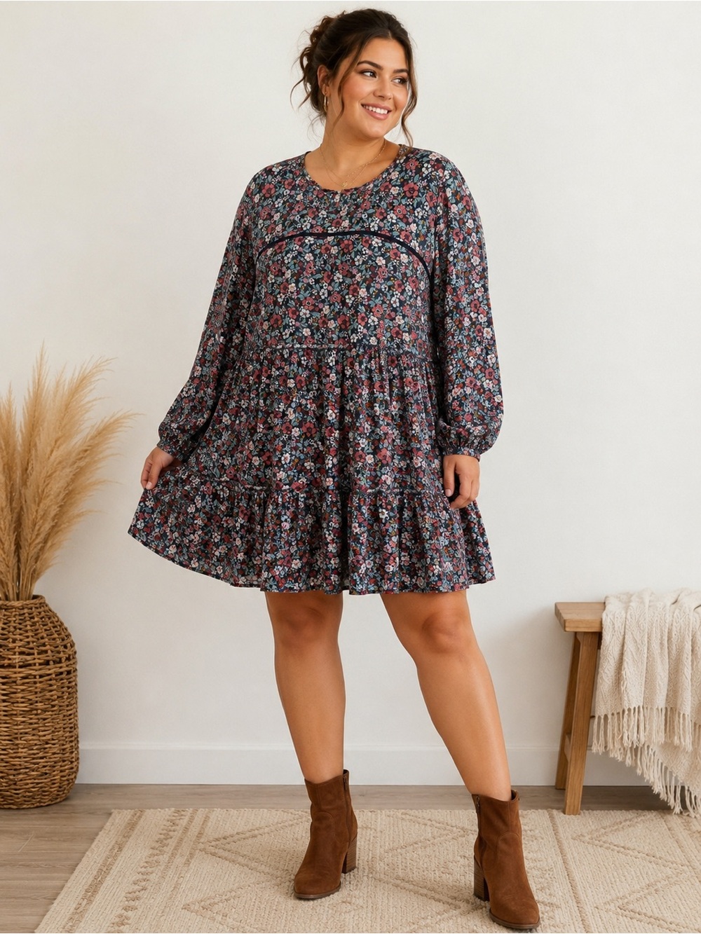 Knox Rose XXL Floral Boho Tiered Babydoll Dress Long Sleeve Rayon Plus Size